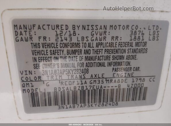 3N1AB7AP5KY282408 2019 NISSAN SENTRA White Вид підкапотного простору
