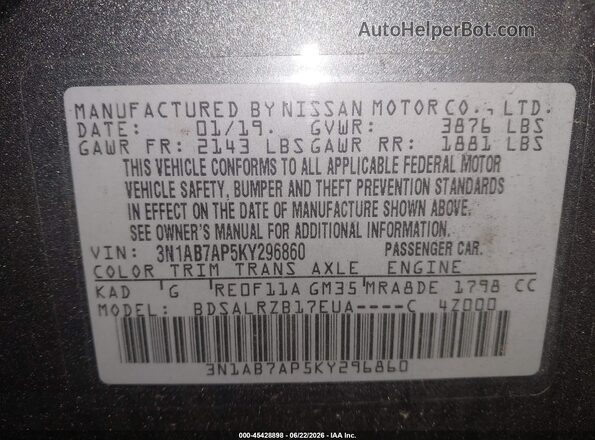 3N1AB7AP5KY296860 2019 NISSAN SENTRA Gray Շարժիչի բաժամունքի տեսք