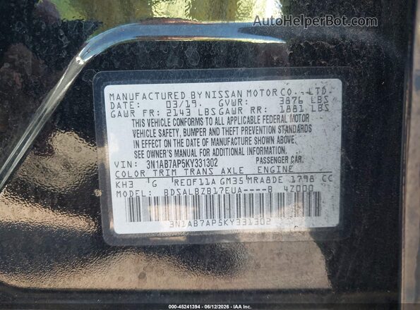 3N1AB7AP5KY331302 2019 NISSAN SENTRA Black Вид підкапотного простору