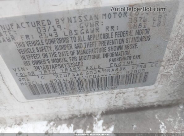 3N1AB7AP5KY333468 2019 NISSAN SENTRA White Vista del compartimento del motor