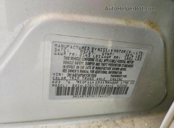 3N1AB7AP5KY361559 2019 NISSAN SENTRA Silver VIN կոդի պիտակի տեսք