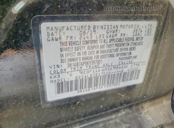 3N1AB7AP5KY397901 2019 NISSAN SENTRA Black ძრავის განყოფილების ხედი