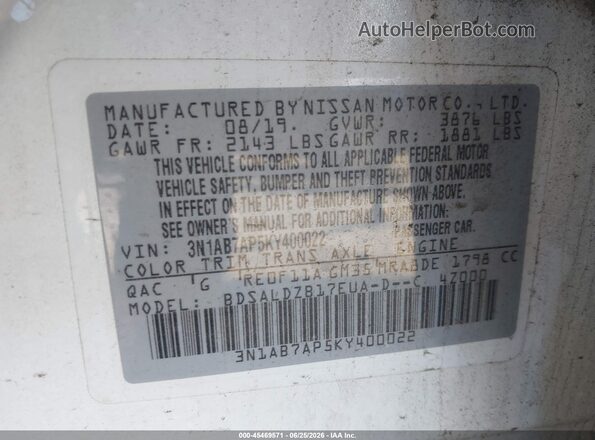 3N1AB7AP5KY400022 2019 NISSAN SENTRA White Вид підкапотного простору