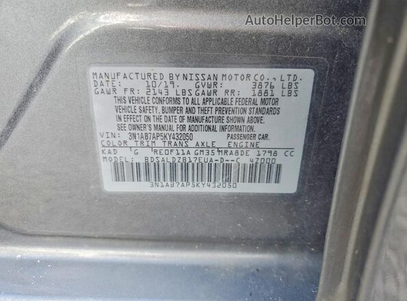3N1AB7AP5KY432050 2019 NISSAN SENTRA Gray Widok naklejki z numerem VIN
