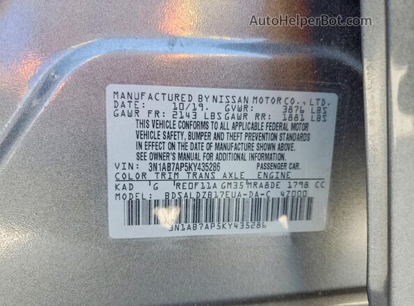 3N1AB7AP5KY435286 2019 NISSAN SENTRA Charcoal VIN կոդի պիտակի տեսք