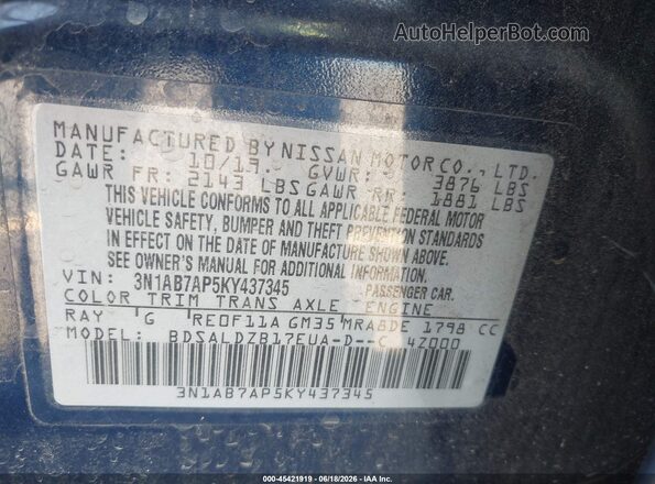 3N1AB7AP5KY437345 2019 NISSAN SENTRA Blue Շարժիչի բաժամունքի տեսք