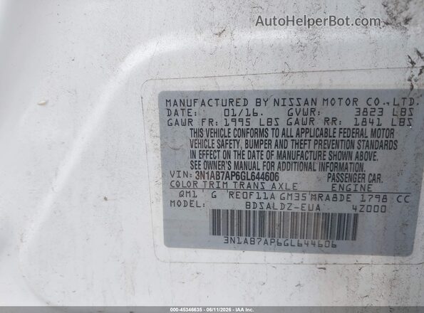 3N1AB7AP6GL644606 2016 NISSAN SENTRA Белый Вид подкапотного пространства