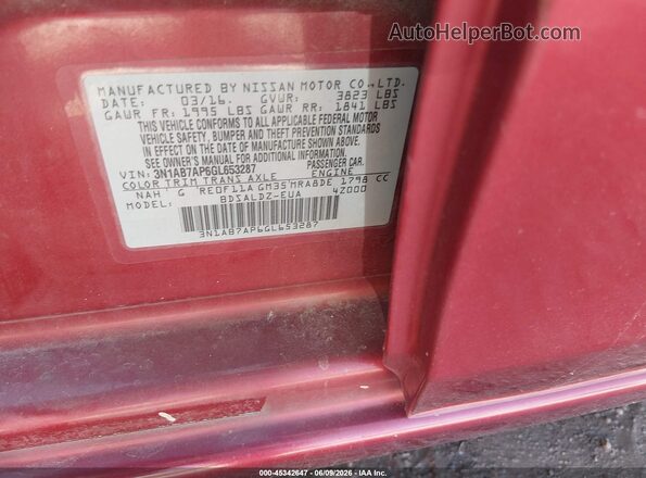 3N1AB7AP6GL653287 2016 NISSAN SENTRA Red Widok komory silnika