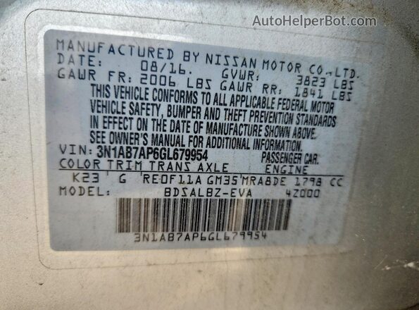 3N1AB7AP6GL679954 2016 NISSAN SENTRA Silver VIN կոդի պիտակի տեսք