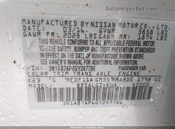 3N1AB7AP6GY247786 2016 NISSAN SENTRA Silver Engine compartment view