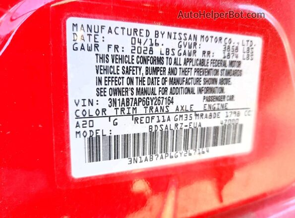 3N1AB7AP6GY267164 2016 NISSAN SENTRA Красный 