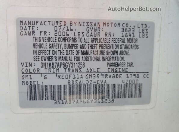 3N1AB7AP6GY311258 2016 NISSAN SENTRA White 