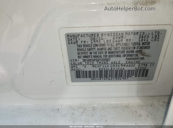 3N1AB7AP6GY326987 2016 NISSAN SENTRA White Вид підкапотного простору