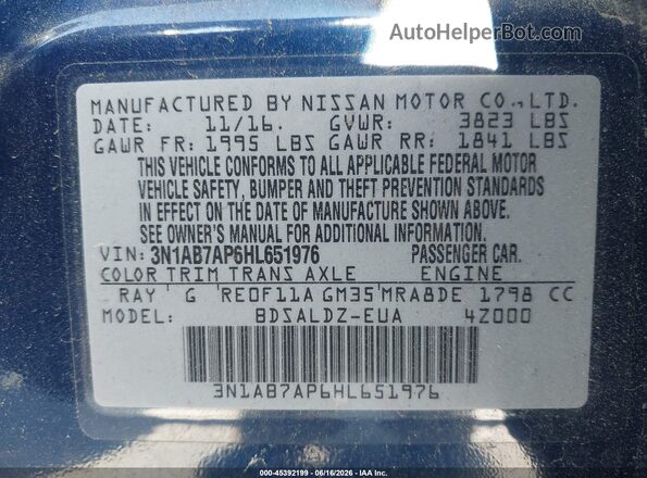 3N1AB7AP6HL651976 2017 NISSAN SENTRA Blue Շարժիչի բաժամունքի տեսք