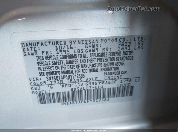 3N1AB7AP6HY212585 2017 NISSAN SENTRA Silver ძრავის განყოფილების ხედი