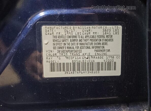 3N1AB7AP6HY348103 2017 NISSAN SENTRA Blue 