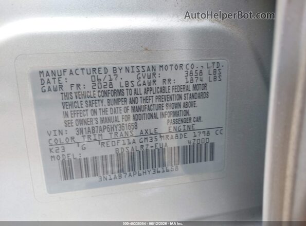 3N1AB7AP6HY361658 2017 NISSAN SENTRA Silver ძრავის განყოფილების ხედი