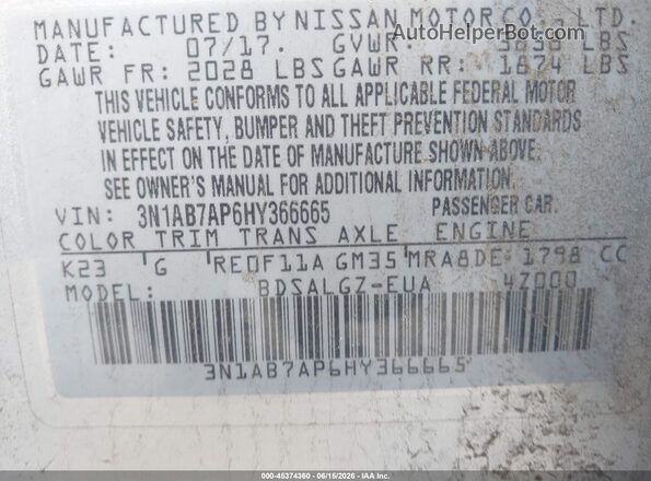 3N1AB7AP6HY366665 2017 NISSAN SENTRA Silver 