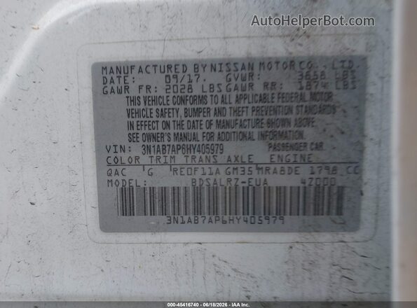 3N1AB7AP6HY405979 2017 NISSAN SENTRA White ძრავის განყოფილების ხედი