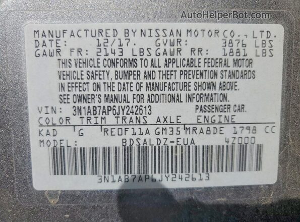 3N1AB7AP6JY242613 2018 NISSAN SENTRA Gray VIN კოდის სტიკერის ხედი