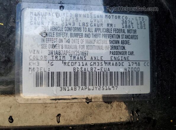 3N1AB7AP6JY251697 2018 NISSAN SENTRA Black VIN კოდის სტიკერის ხედი