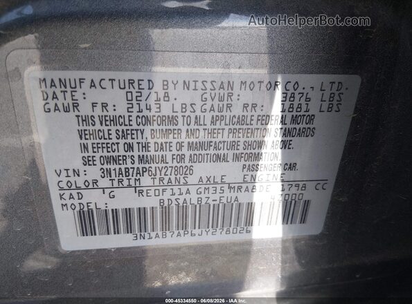 3N1AB7AP6JY278026 2018 NISSAN SENTRA Серый Вид подкапотного пространства