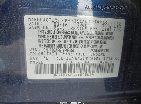 3N1AB7AP6JY292654 2018 NISSAN SENTRA Blue Widok komory silnika