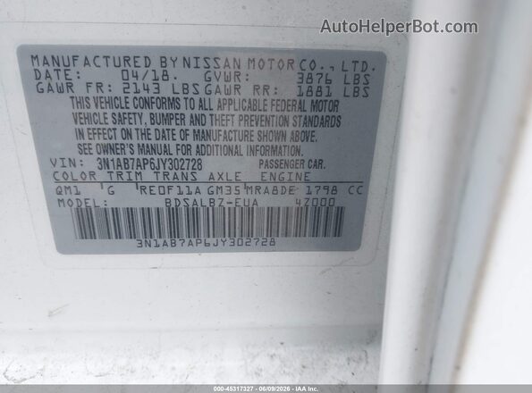 3N1AB7AP6JY302728 2018 NISSAN SENTRA White Widok komory silnika