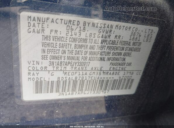 3N1AB7AP6JY330917 2018 NISSAN SENTRA Blue Vista del compartimento del motor