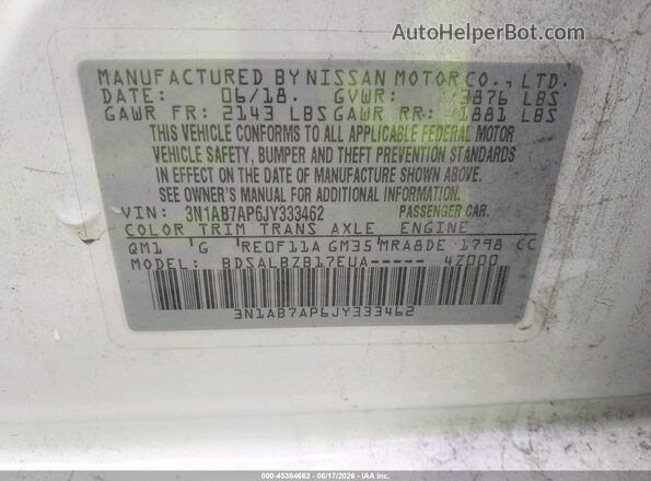 3N1AB7AP6JY333462 2018 NISSAN SENTRA White Widok komory silnika
