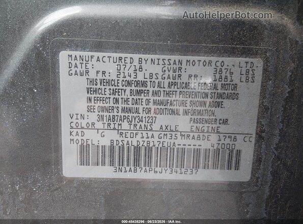 3N1AB7AP6JY341237 2018 NISSAN SENTRA Gray Вид підкапотного простору