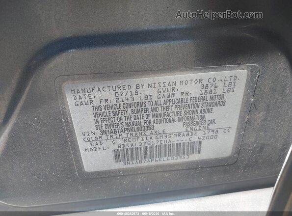 3N1AB7AP6KL603353 2019 NISSAN SENTRA Gray ძრავის განყოფილების ხედი