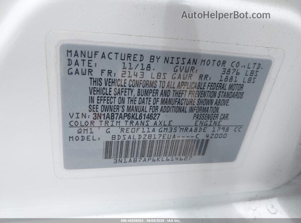 3N1AB7AP6KL614627 2019 NISSAN SENTRA Белый Вид подкапотного пространства