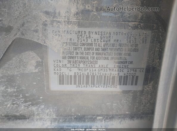 3N1AB7AP6KY234030 2019 NISSAN SENTRA Gray Vista del compartimento del motor