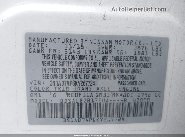 3N1AB7AP6KY267724 2019 NISSAN SENTRA White ძრავის განყოფილების ხედი