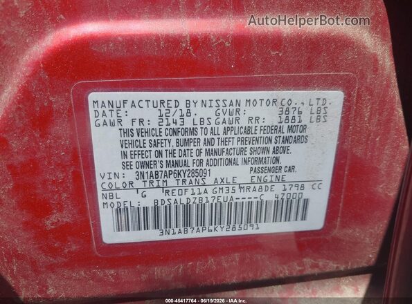 3N1AB7AP6KY285091 2019 NISSAN SENTRA Красный Вид подкапотного пространства