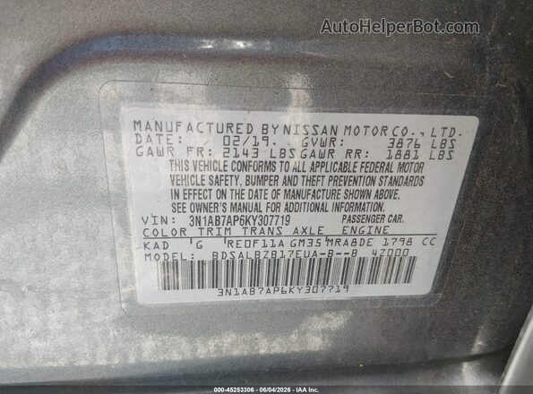 3N1AB7AP6KY307719 2019 NISSAN SENTRA Gray Շարժիչի բաժամունքի տեսք