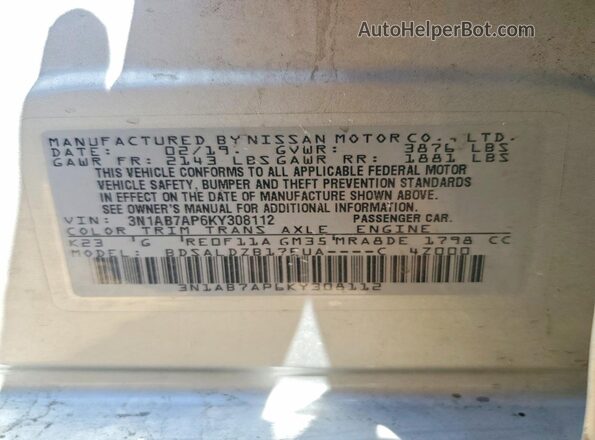 3N1AB7AP6KY308112 2019 NISSAN SENTRA Silver 