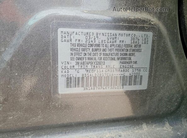 3N1AB7AP6KY326013 2019 NISSAN SENTRA Gray VIN sticker view