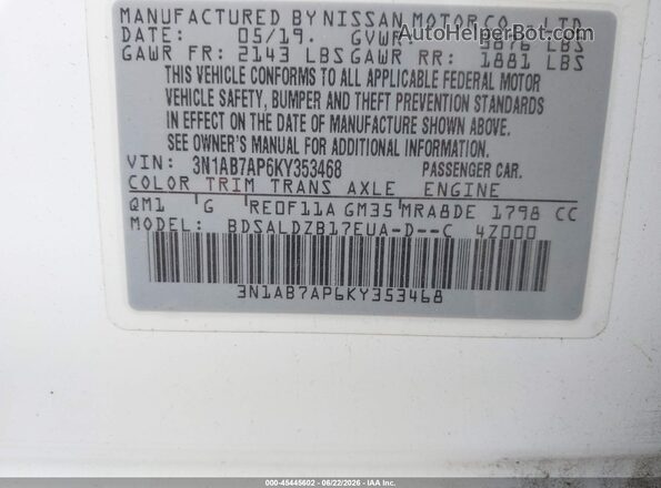 3N1AB7AP6KY353468 2019 NISSAN SENTRA White Вид підкапотного простору