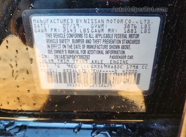 3N1AB7AP6KY386292 2019 NISSAN SENTRA Black VIN კოდის სტიკერის ხედი
