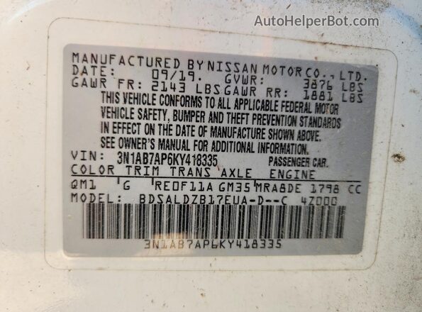 3N1AB7AP6KY418335 2019 NISSAN SENTRA White 