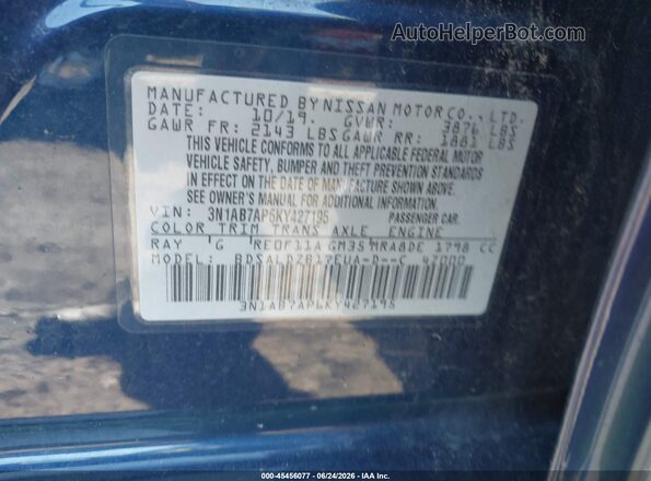 3N1AB7AP6KY427195 2019 NISSAN SENTRA Синий Вид подкапотного пространства