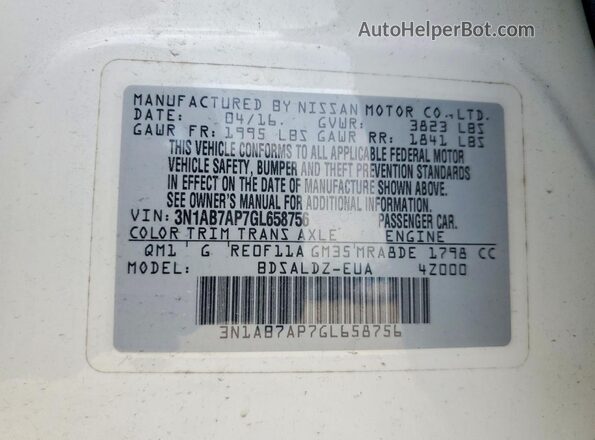3N1AB7AP7GL658756 2016 NISSAN SENTRA White Engine compartment view