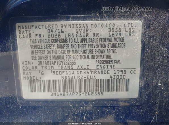 3N1AB7AP7GY262555 2016 NISSAN SENTRA Blue 
