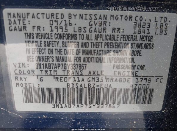 3N1AB7AP7GY337867 2016 NISSAN SENTRA Blue Widok komory silnika