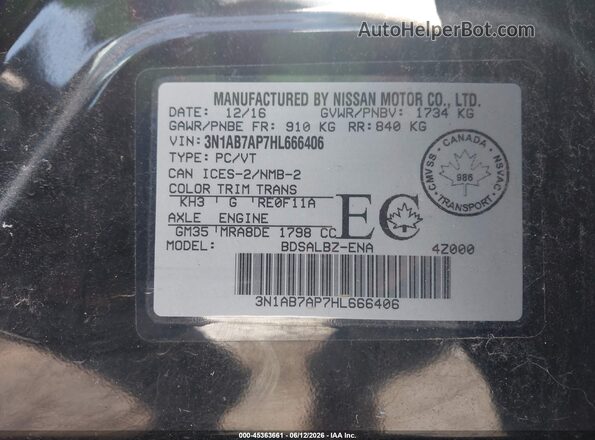 3N1AB7AP7HL666406 2017 NISSAN SENTRA Черный Вид подкапотного пространства