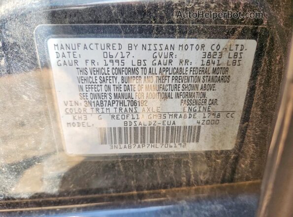 3N1AB7AP7HL706192 2017 NISSAN SENTRA Black VIN კოდის სტიკერის ხედი