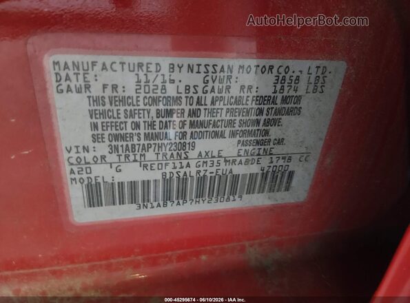 3N1AB7AP7HY230819 2017 NISSAN SENTRA Red 