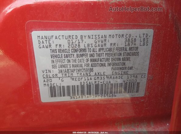 3N1AB7AP7HY259186 2017 NISSAN SENTRA Red Widok komory silnika